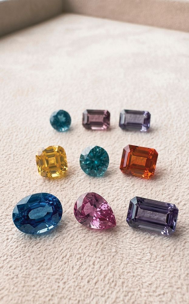 Sapphire color range including blue, pink, yellow, orange, purple, and teal sapphires