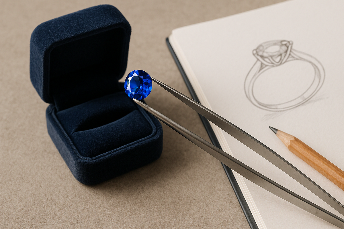 Loose sapphire in ring box with design sketch, symbolizing a custom engagement ring proposal.