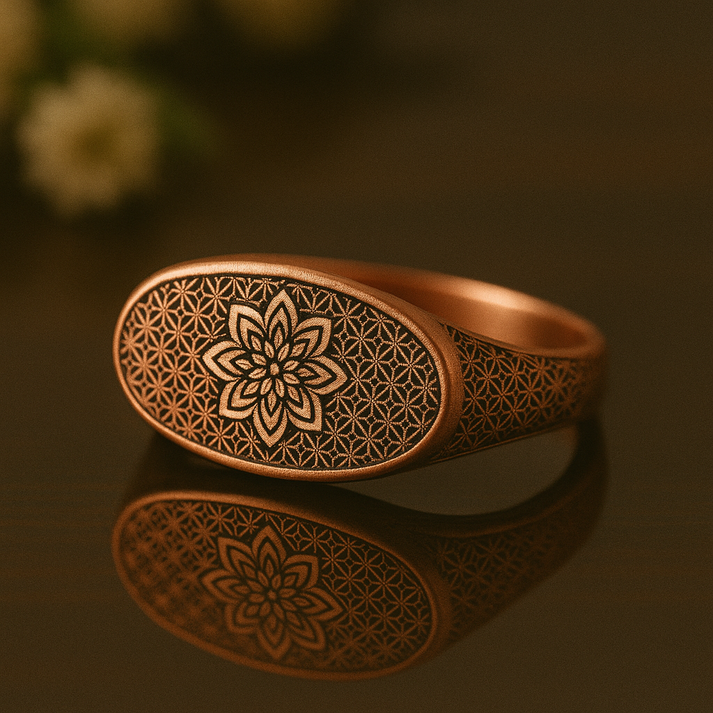 intricately engraved rose gold east-to-west signet style engagement ring