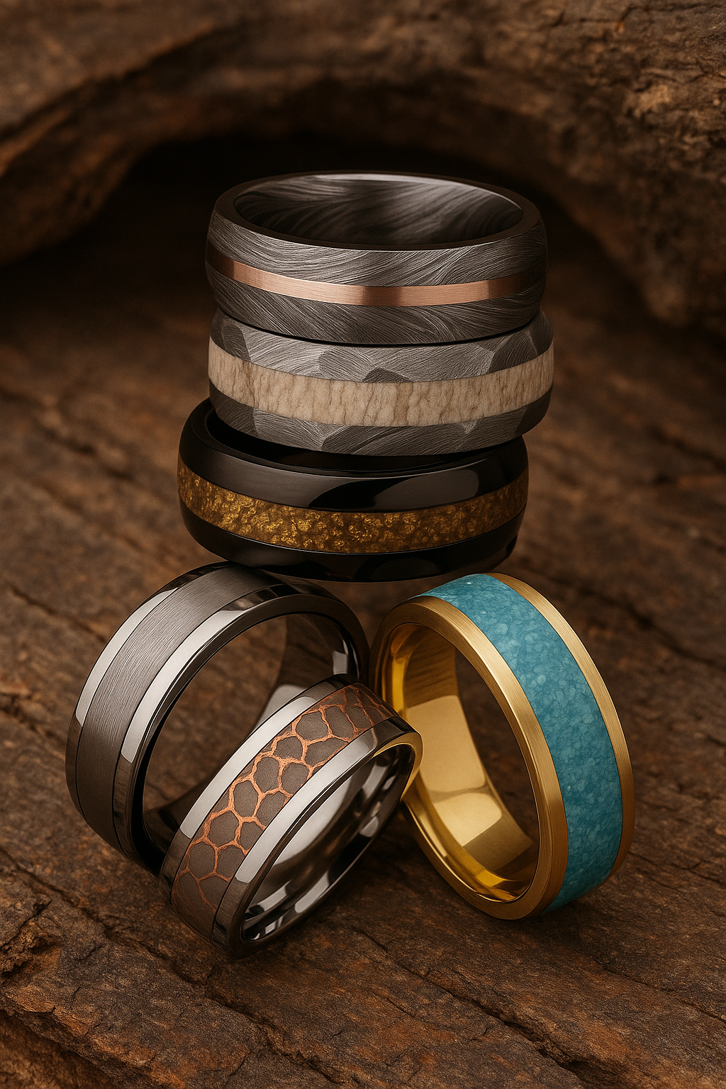 Distinctive inlay materials - antler, turquoise, superconductor - featured in men’s wedding rings with rustic and colorful flair.