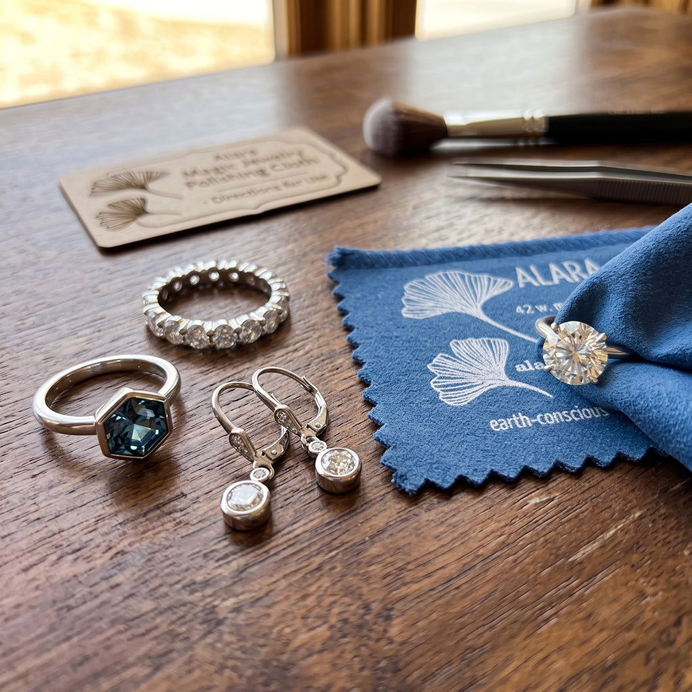 Alara Magic Jewelry Polishing Cloth for restoring shine to diamond rings and fine jewelry metal.