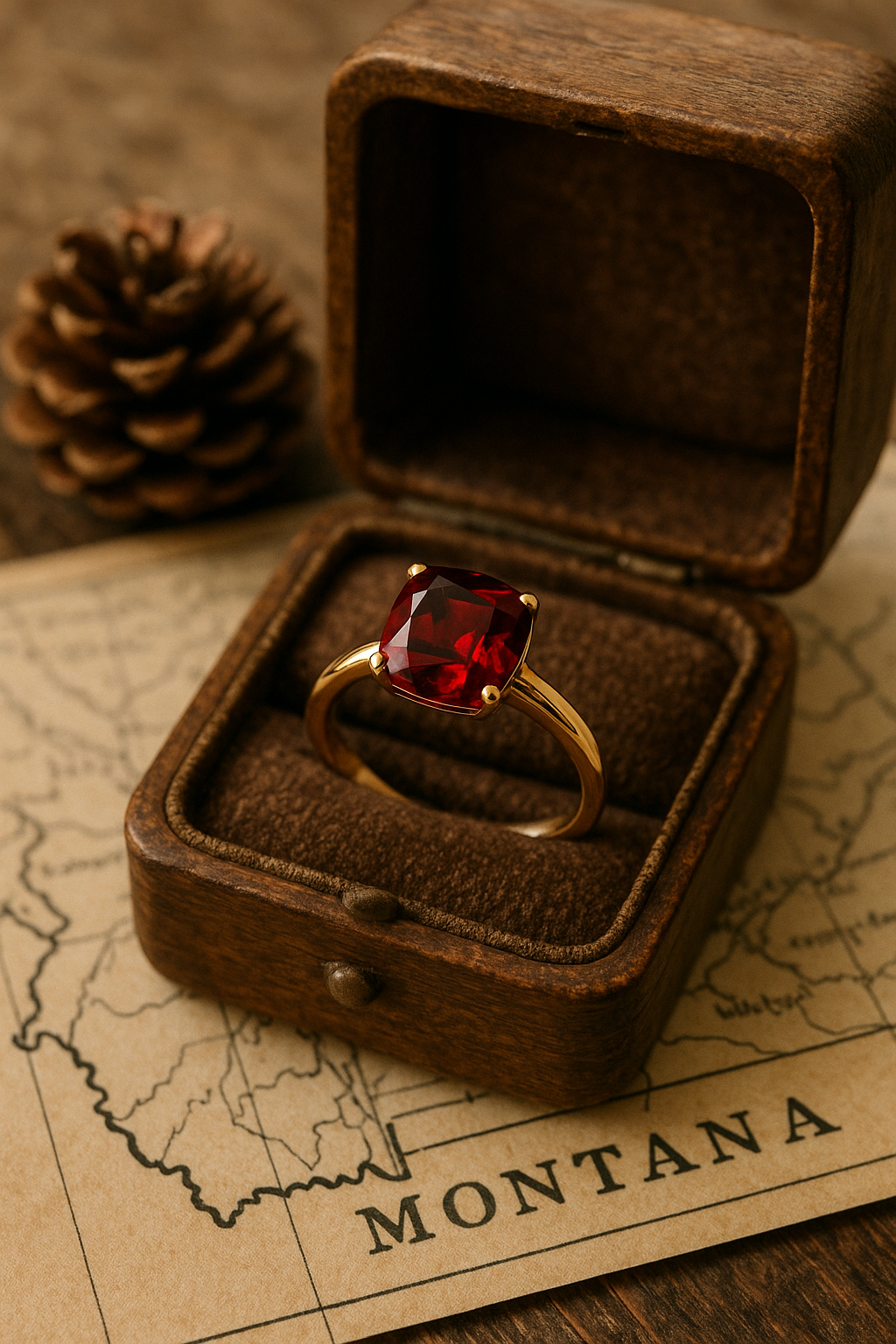 Deep red Montana garnet engagement ring in box with Montana-themed background.