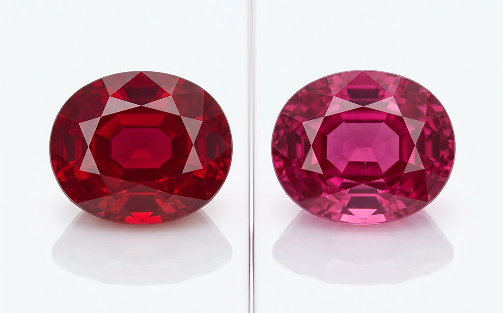Ruby compared to pink sapphire showing GIA tone and saturation difference