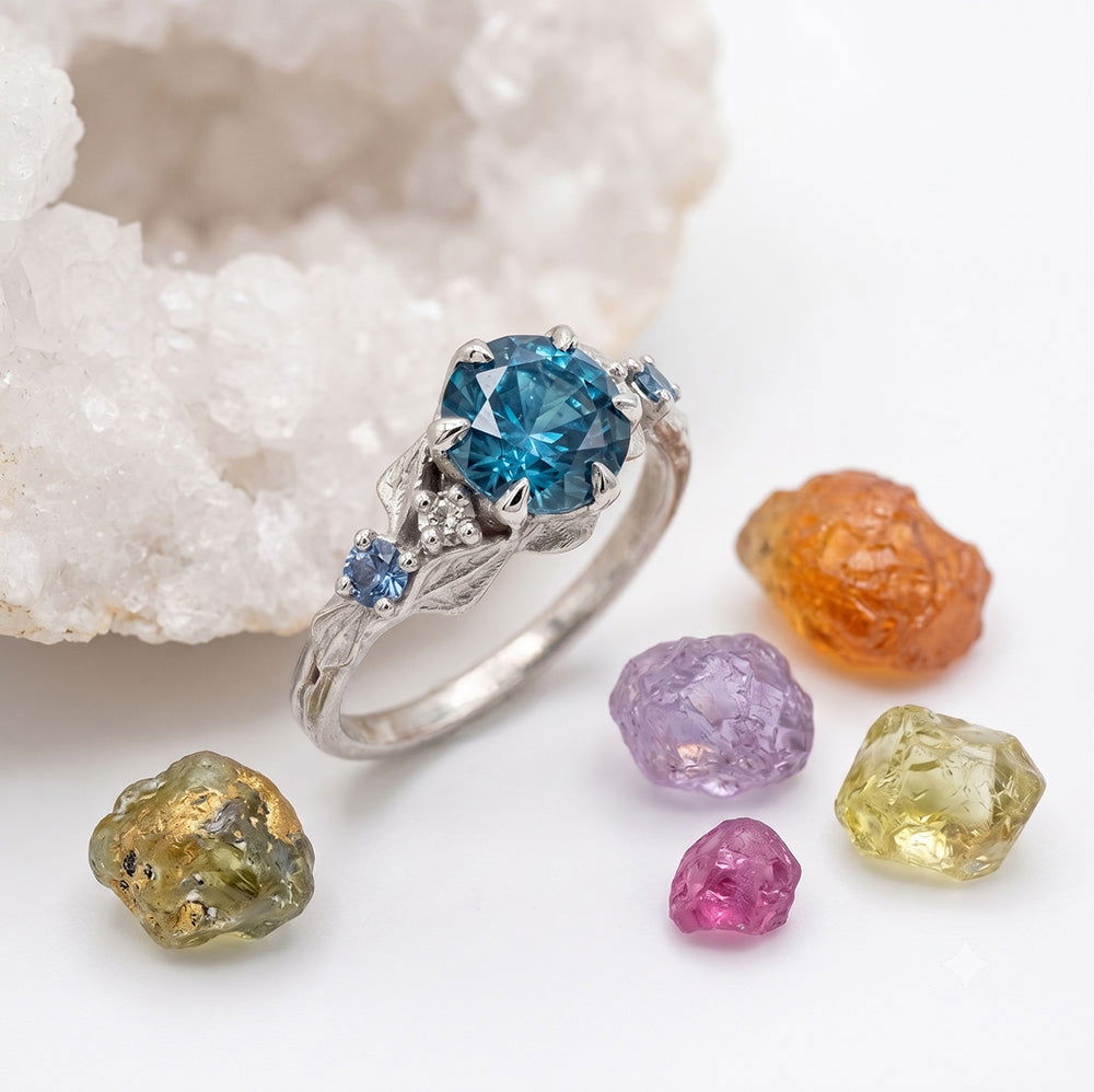 Montana sapphire ring alongside raw Montana sapphire crystals - fair trade and sustainably sourced.