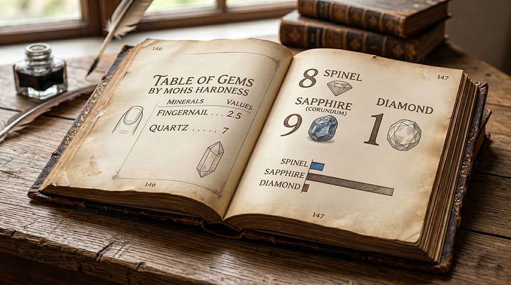 Mohs hardness scale comparing sapphire, diamond, and other gemstones