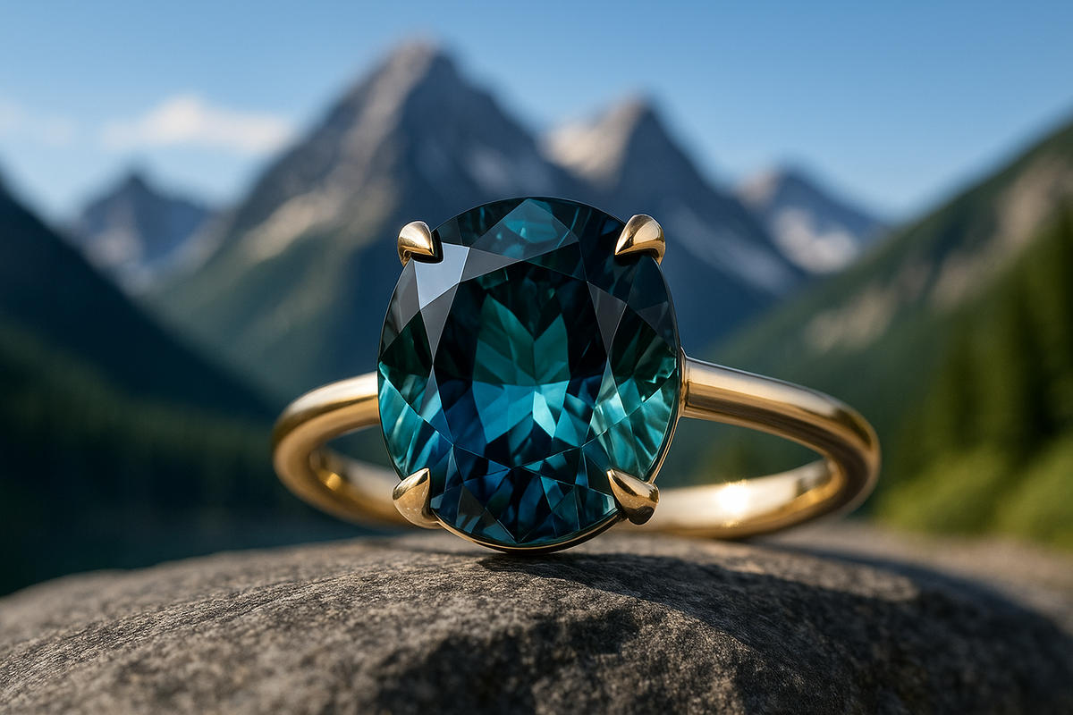 Teal bi-color Montana sapphire ring photographed outdoors with Montana mountains behind.