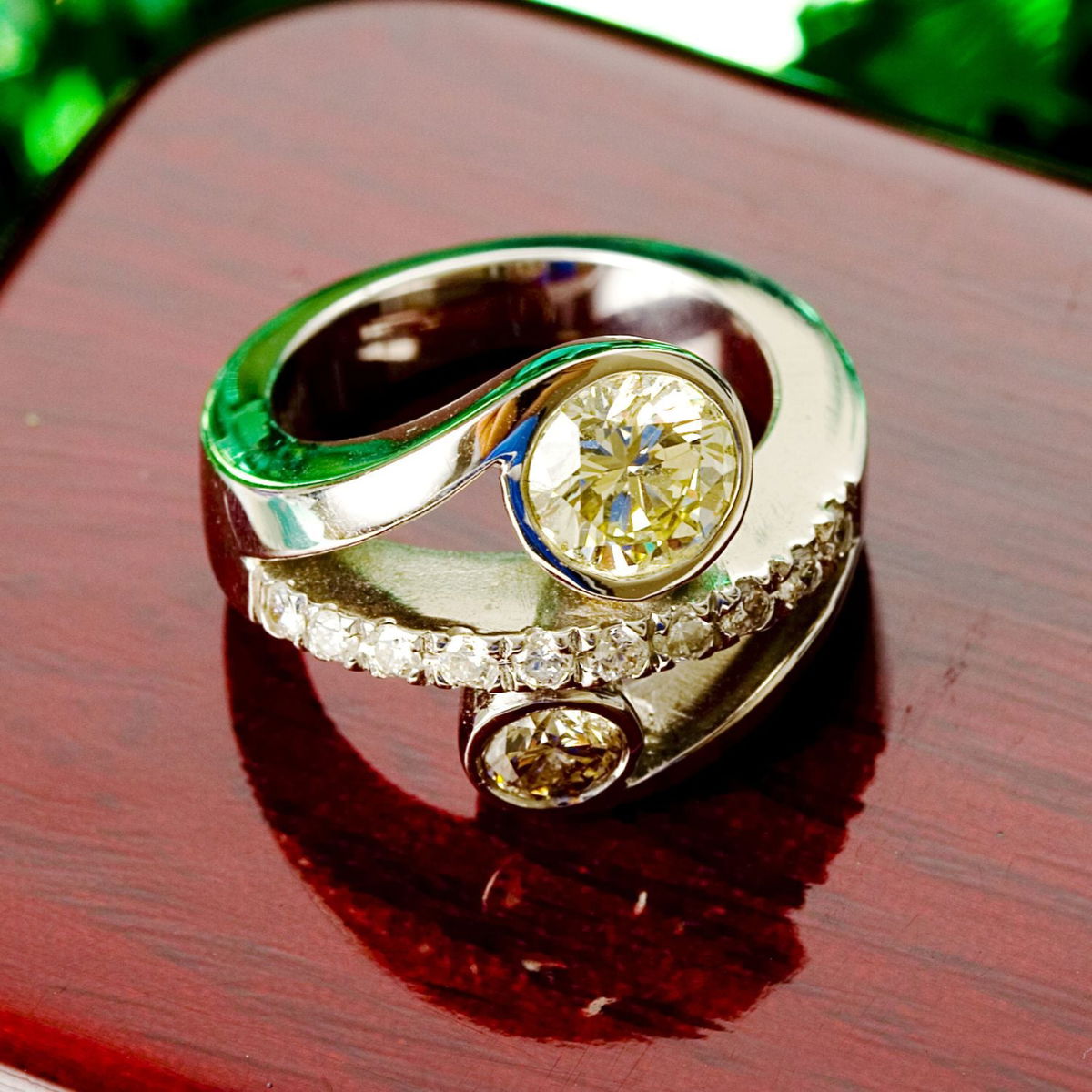 Glamorous mid-century engagement ring featuring pavé diamonds and free-form shapes