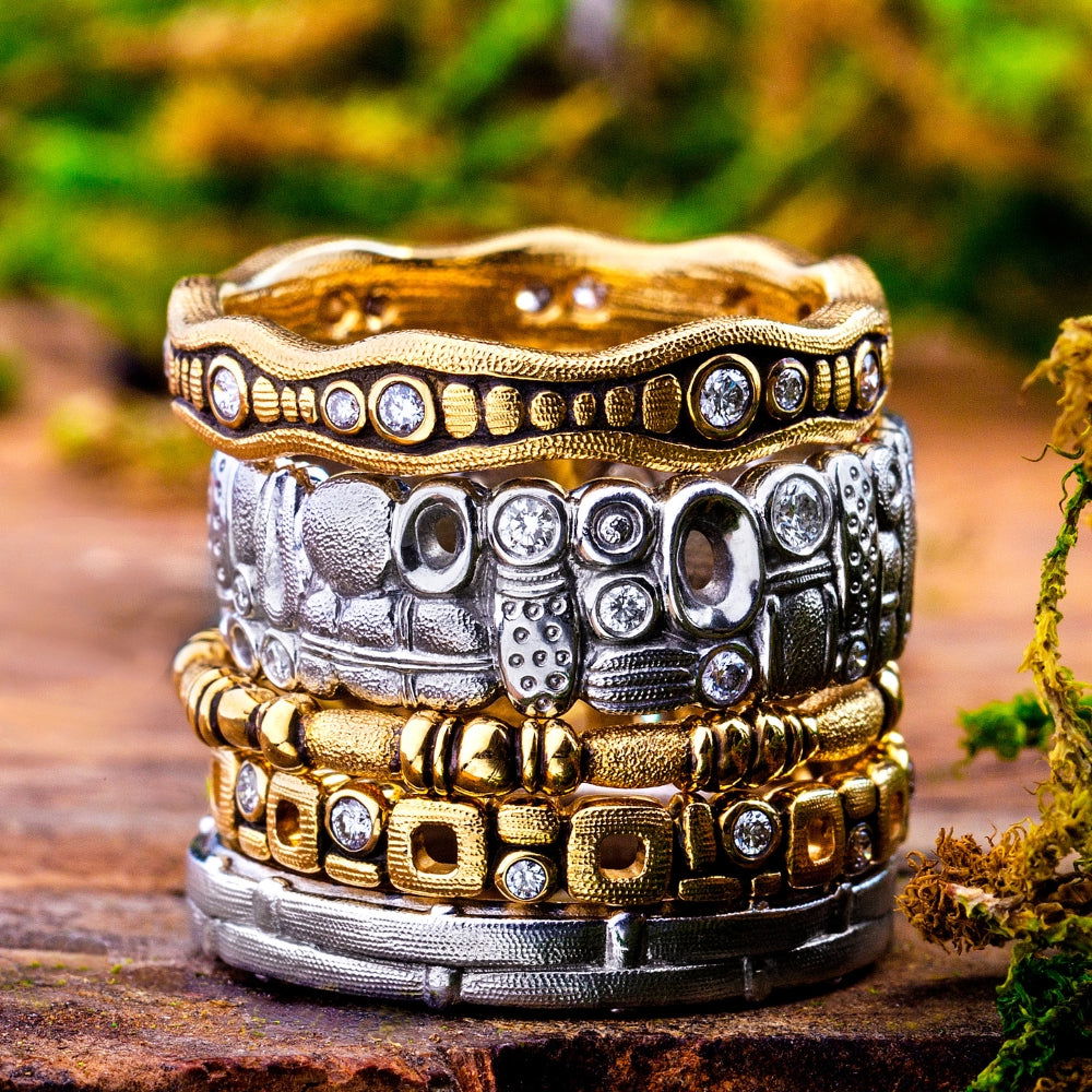alex sepkus stacking rings with texture and multiple colors