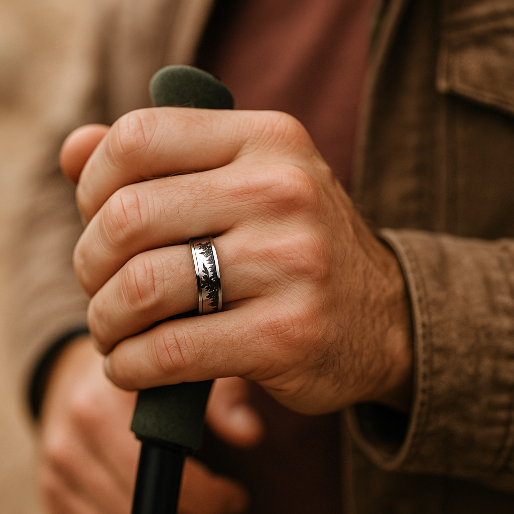 A real-life look at a unique men’s wedding band worn during everyday moments - proof that style and function can coexist.