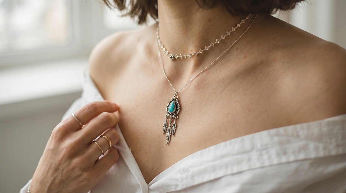 Handcrafted turquoise and silver Native American jewelry arranged on a textured surface