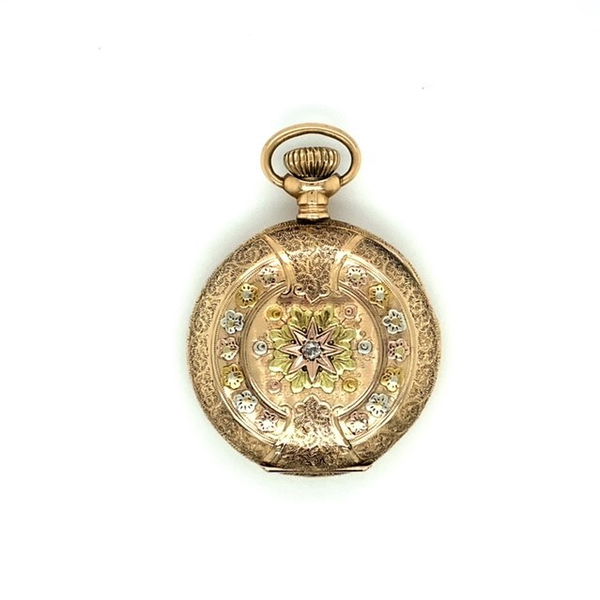 Closeup photo of 14K 4-Gold 34.6g Dia~.03 ct SI G-H Mid Size Elgin Pocket Watch 15 jewels