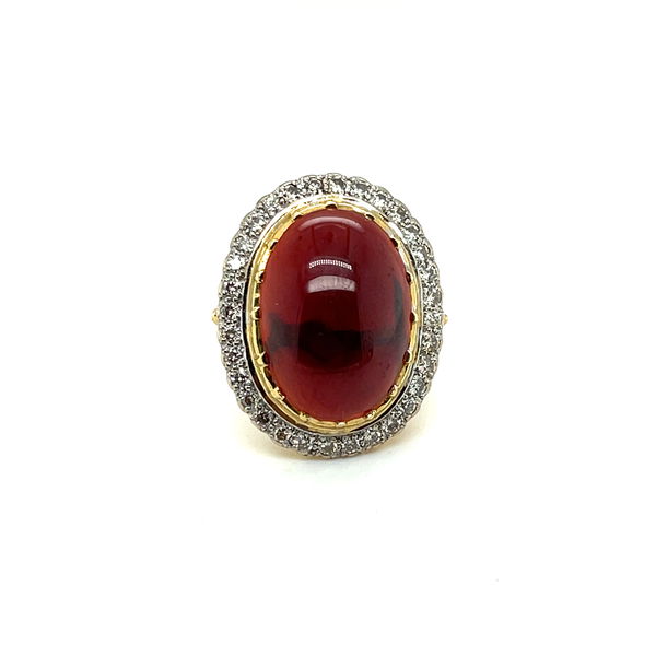 Closeup photo of 18K Ring 21x15mm Garnet Cab ~1cttw Dias sz7 14.9g