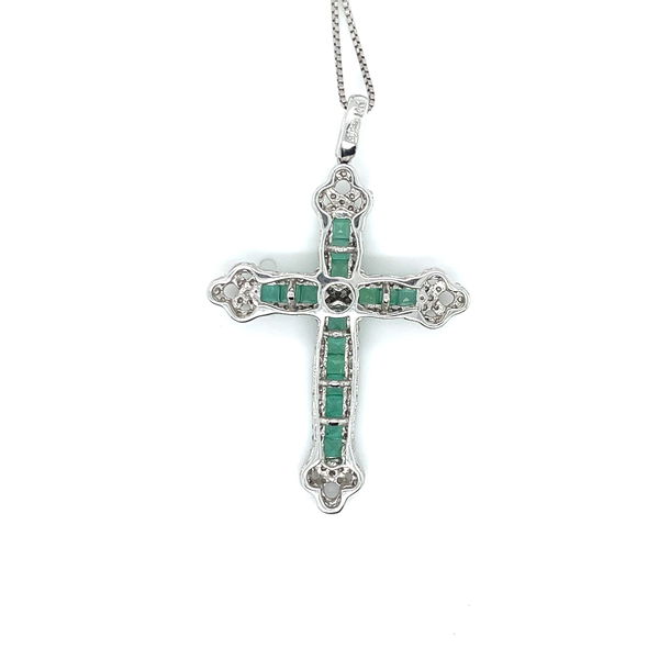 Closeup photo of 14KW Emerald & Dia Cross E=~1.25ct D=~0.50ct 18" 5.8g