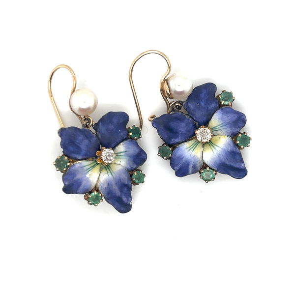 Closeup photo of 14KY Enamel Flow Earrings Diamond, Pearl, Emeralds