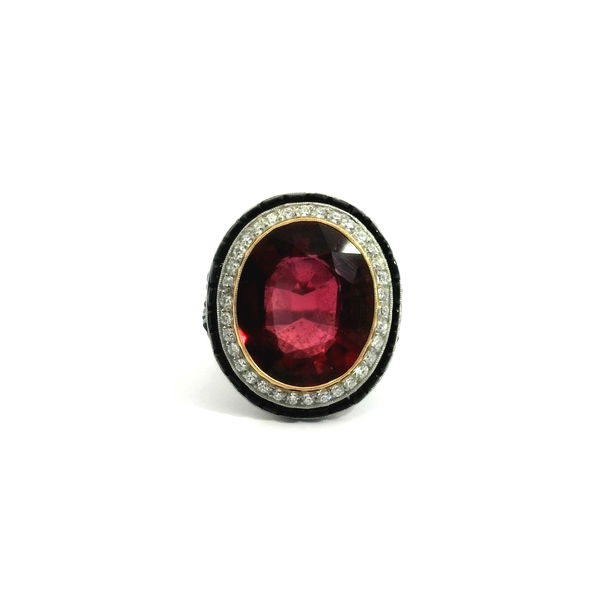 Closeup photo of 12.5ct Rubelite Plat/18K Ring 1/2ct Dia & Onyx 10.9g sz6.75