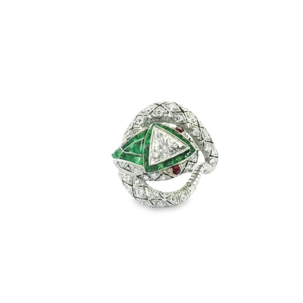 Closeup photo of Platinum Handmade Snake Ring 0.89ct Dia, 90D=1.2ct, 24 Emeralds 9.6g sz7