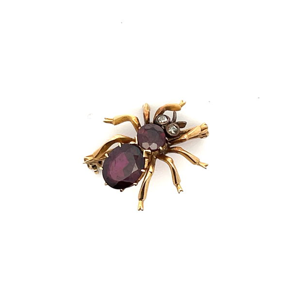Closeup photo of 14K Antique Spider Pin Garnets & Rose Cut Diamonds 5.7g