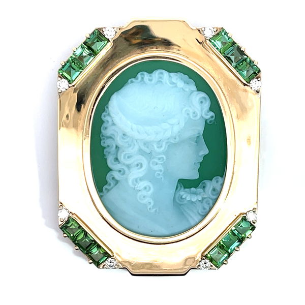 Closeup photo of 14KY Green Stone Cameo Pin/Pendant Accented w/Tourmaline & Dia 37.1g