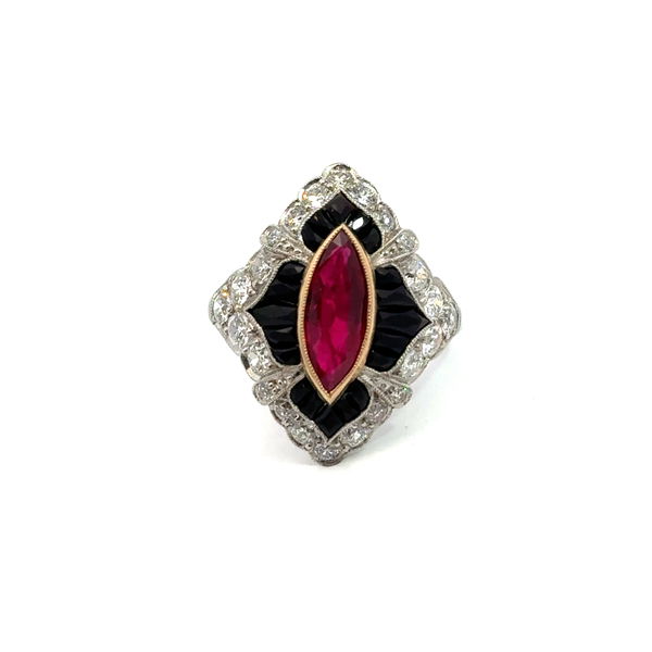 Closeup photo of Platinum/18k Ring 1.60ct Ruby & 1.25ctw OE Dias Onyx 6.90g sz7.25