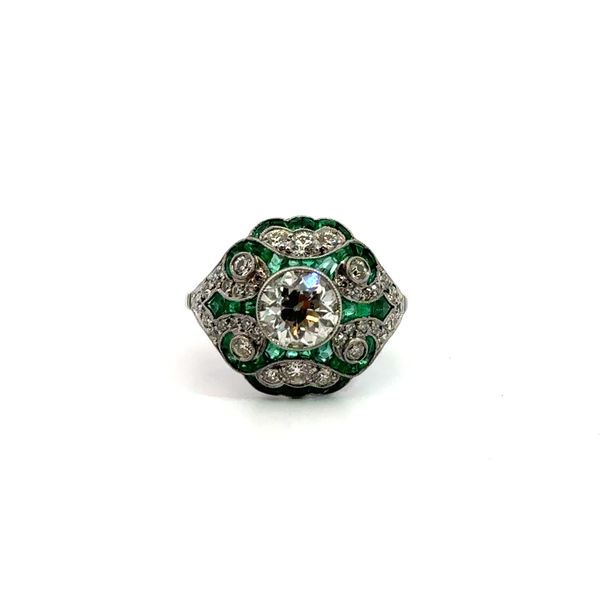 Closeup photo of Platinum Ring 1.49ct OE Dia w/Emerald & ~1ct Dia Accents sz7 6.7g