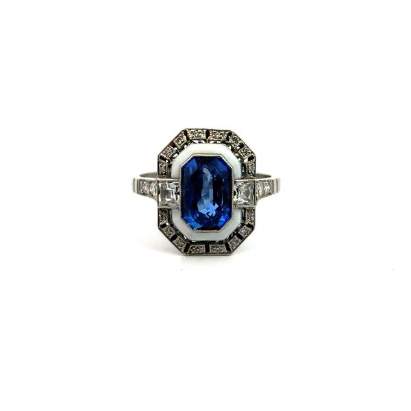 Closeup photo of Platinum Ring 3.05ct Blue Saph Enamel 2 French Cuts=0.29ct ~0.60ctw Dia