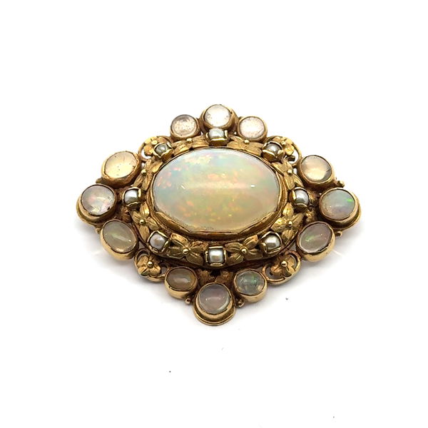 Closeup photo of 18KY Antique ~15ct Opal Pin, 12 accent opals and pearls 24.0g