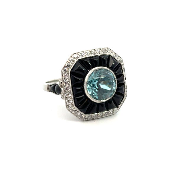 Closeup photo of Platinum Ring Blue Zircon, Onyx, & 0.52ct Diamonds 7.9g sz7