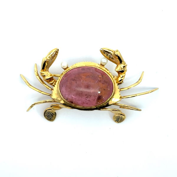 Closeup photo of 14KY Crab Pin w/Pink Tourmaline cab and Pearls 14.4g