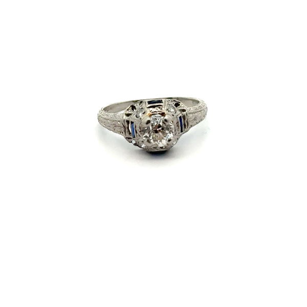 Closeup photo of Art Deco Platinum Ring ~1/2ct Old Euro Saph/Dia Accents 2.9g sz5.75