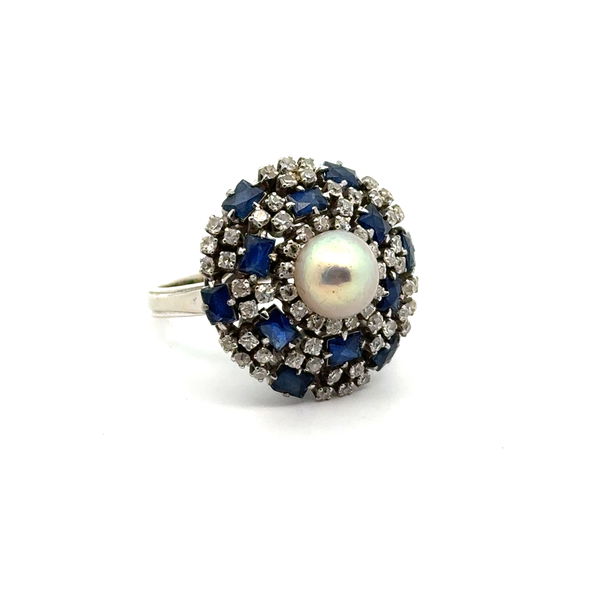 Closeup photo of 18KW Saph/~3/4ct Dia/Pearl Vintage Cocktail Ring 10g sz7.25