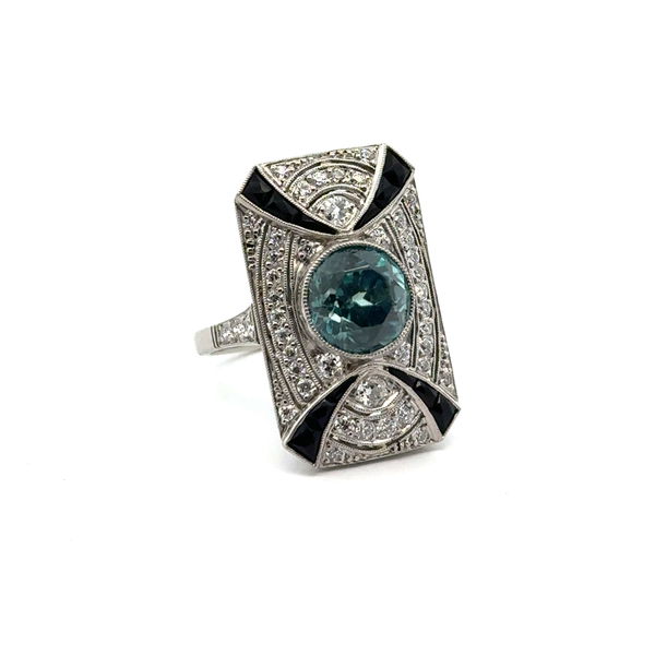 Closeup photo of Platinum Art Deco Style Ring 4.13ct Blue Zircon & 46D=0.70cts, Onyx 9.7g sz7.25