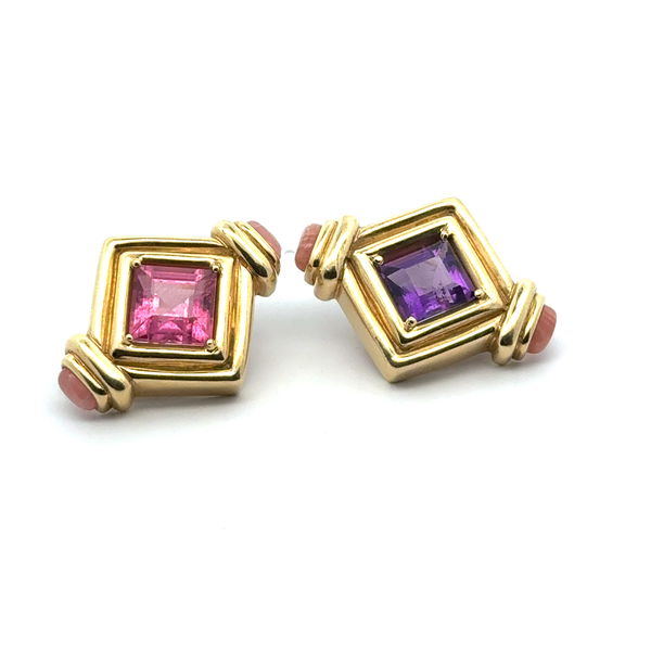 Closeup photo of 14KY Earrings Amethyst, Pink Tourmaline & Rhodochrosite 26.3g
