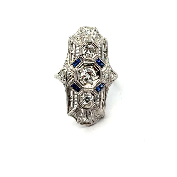 Closeup photo of Art Deco Platinum Ring ~1cttw Diamonds & Saph Accents sz8.25 6.4g