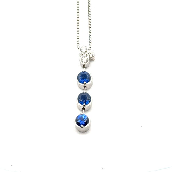 Closeup photo of 18KW 1.01cttw Three Sapphire Pendant & 0.10ct Diamonds 4.3g