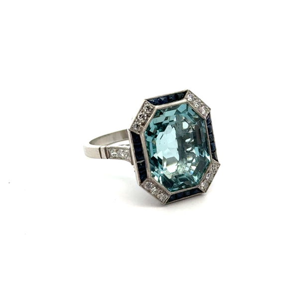Closeup photo of Platinum Art Deco Style ~9ct Aqua, 0.35ct Dia, 1.10ct Saphs 8.6g sz7.25