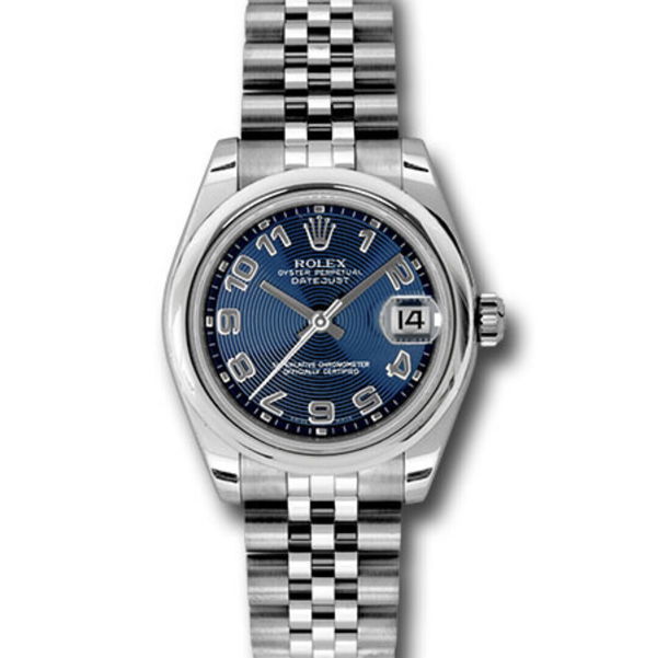 Closeup photo of Rolex Midsize 31mm stainless steel case, domed bezel, blue concentric circle dial, Arabic numerals, and Jubilee bracelet