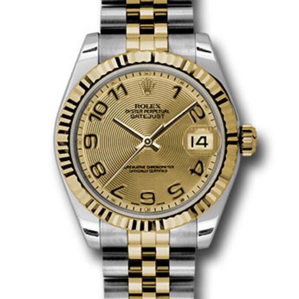 Closeup photo of 31mm stainless steel case, 18K yellow gold fluted bezel, champagne concentric circle dial, Arabic numerals, and stainless steel and 18K yellow gold Jubilee bracelet.