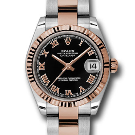 Closeup photo of Rolex Mid-Size 31mm stainless steel case, 18K pink gold fluted bezel, and stainless steel and 18K pink gold Oyster bracelet.