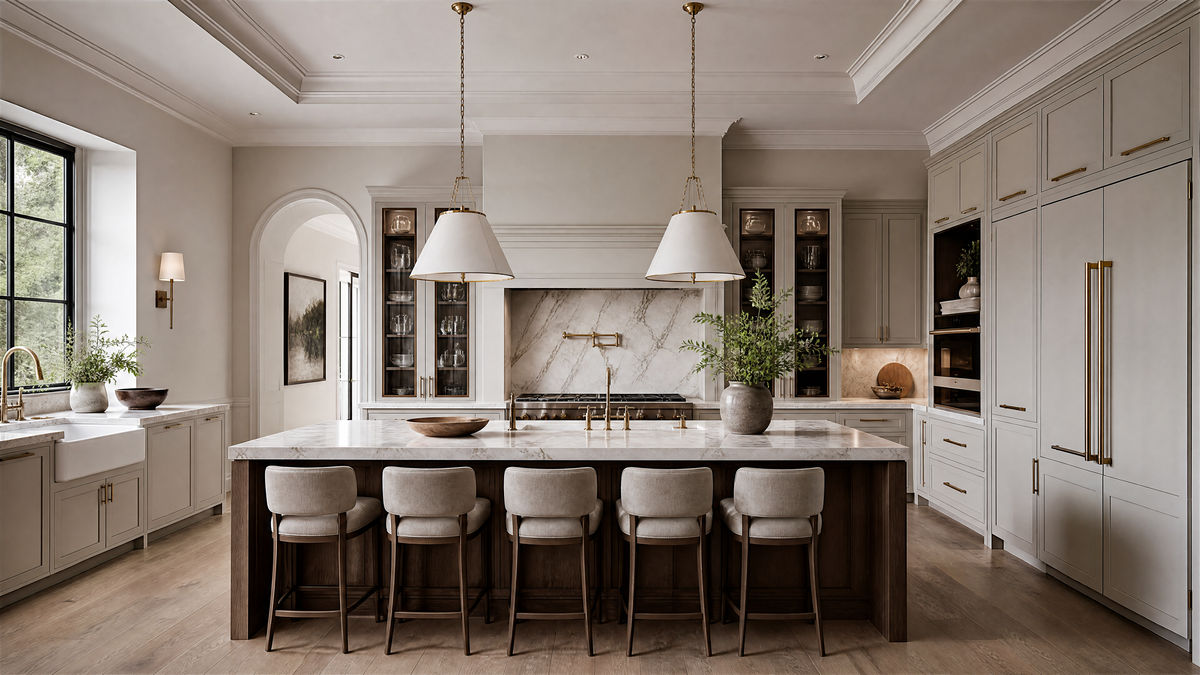 Custom luxury kitchen island with waterfall marble and integrated wooden cabinets