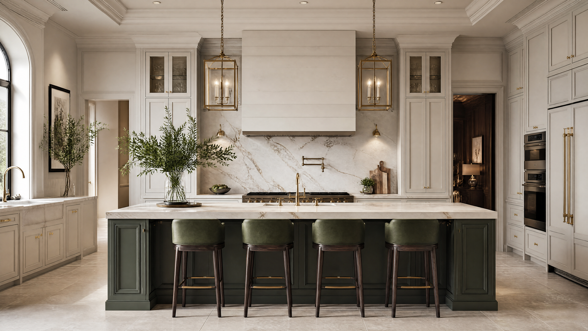 Architectural custom cabinetry layout with walnut details