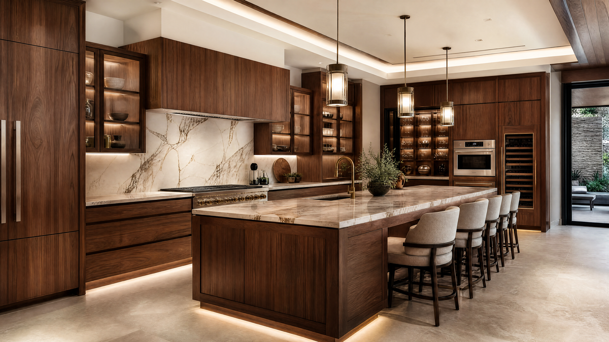 Warm custom kitchen with rift-sawn oak cabinetry photographed in natural side light