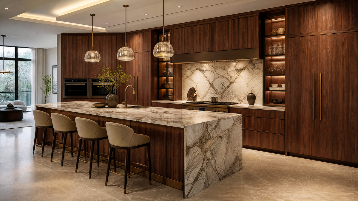 The Belcaro Walnut collection featuring dark wood dovetail drawer construction