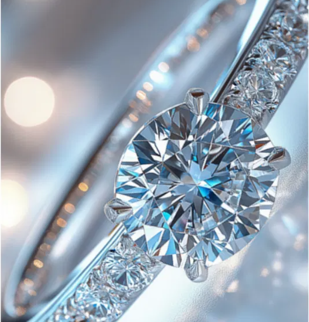 Close-up of a brilliant round diamond solitaire engagement ring set in platinum with pave accents