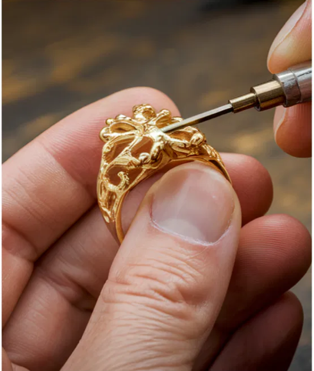 Jeweler restoring an ornate gold ring with a precision rotary tool