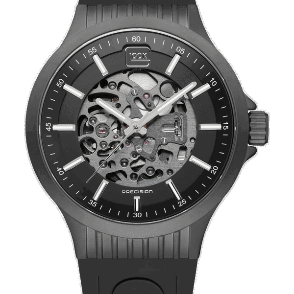 Closeup photo of GW-14-1-24 Glock Automatic Gunmetal Case Skeletonized Dial Black Strap Watch