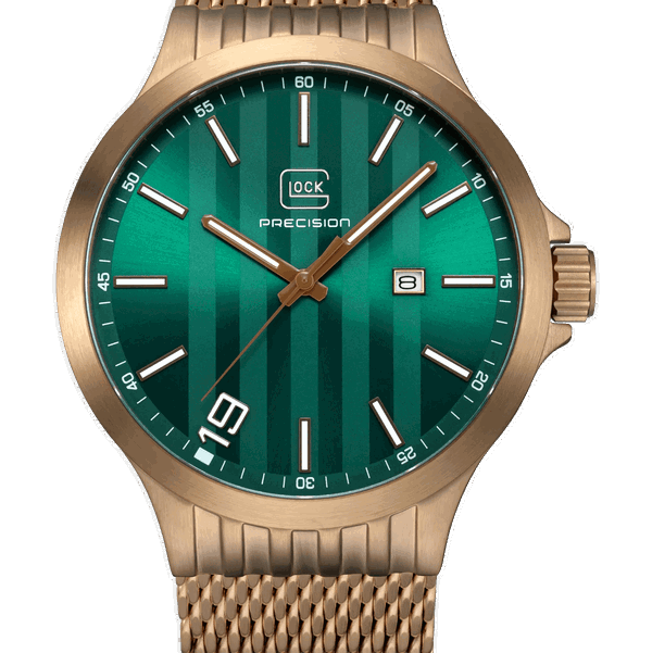 Closeup photo of GW-12-2-24 Glock Quartz Green Dial Coyote Strap Watch