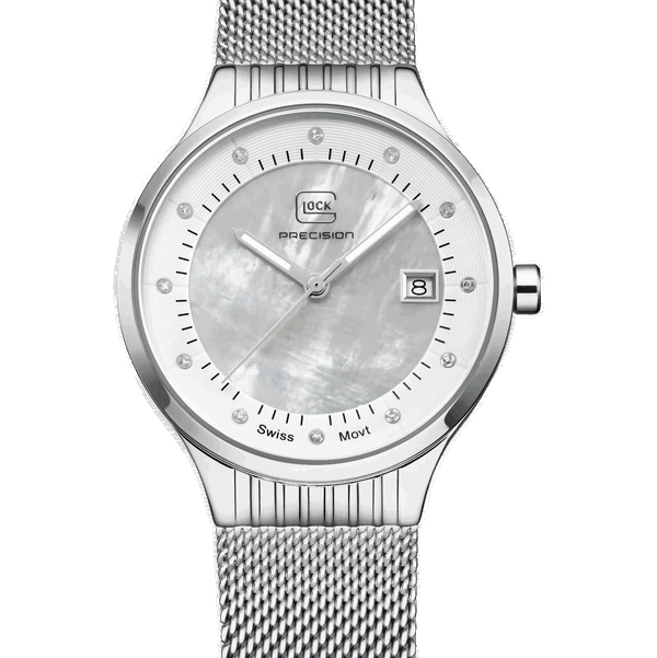 Closeup photo of GW-28-1-18 Glock Quartz MOP Dial Silver Tone Watch + Strap