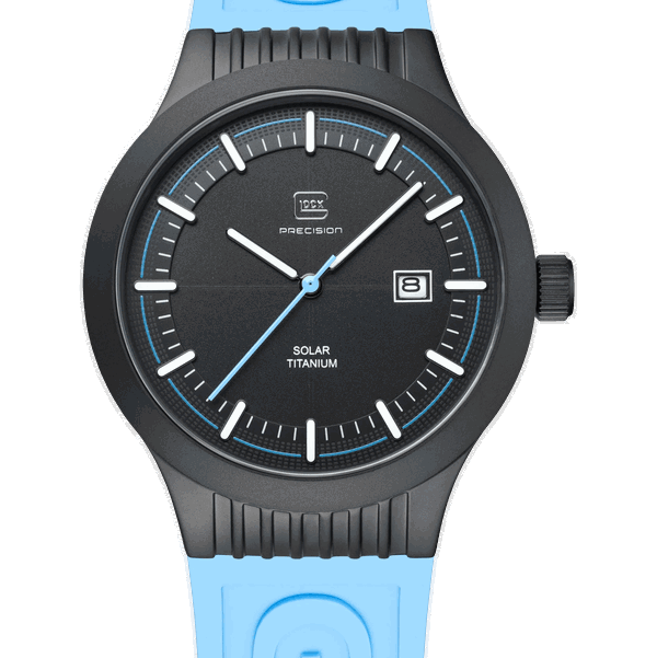 Closeup photo of GW-6-1-22 Glock Solar Black Dial Light Blue Strap Watch