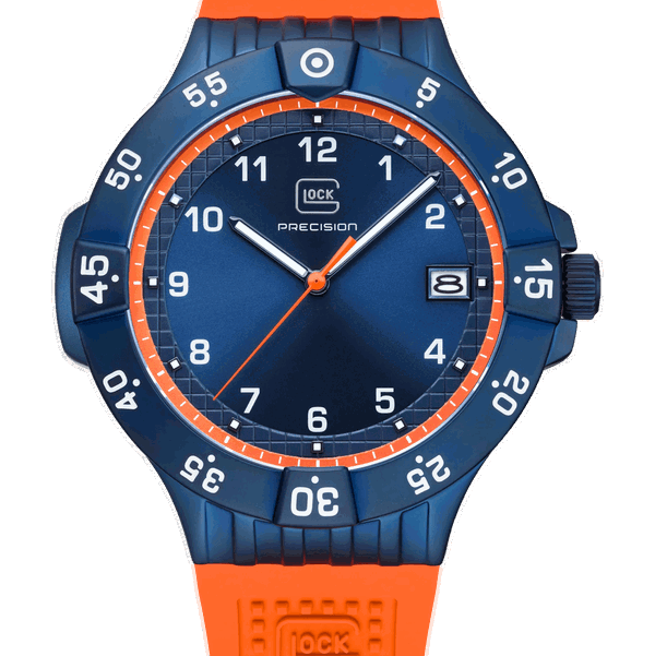 Closeup photo of GW-15-8-22 Glock Quartz Dark Blue Dial + Orange Strap Watch