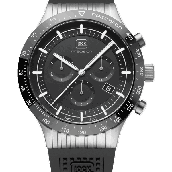 Closeup photo of GW-34-4-24 Glock Quartz Case Silver Tone Black Dial + Strap